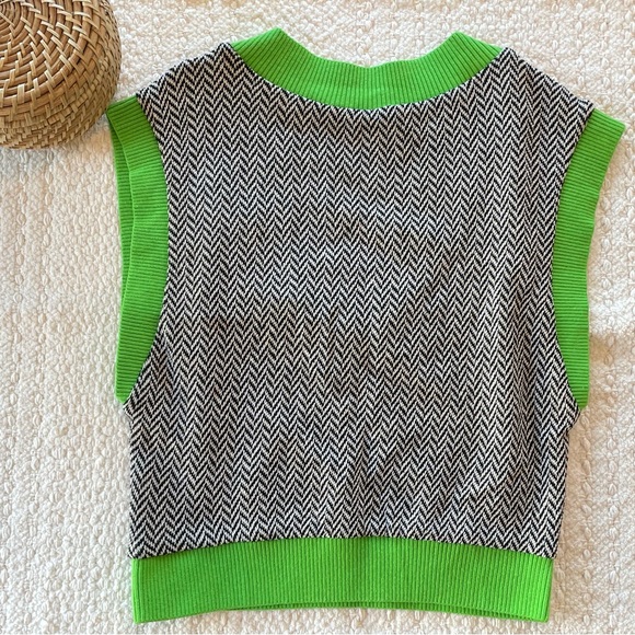 ZARA Cropped Sweater Vest s kelly green gingham tweed sweater sleeve less - Picture 7 of 10
